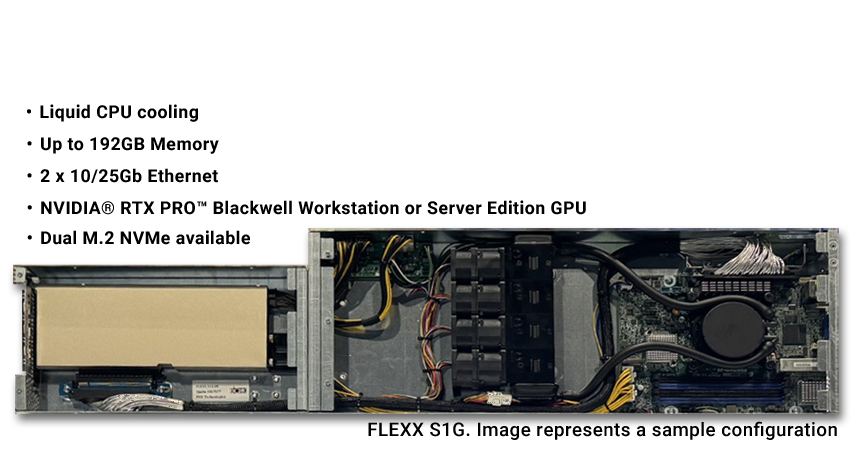 Liquid CPU cooling. Up to 192GB Memory. 2x 10/25Gb Ethernet. NVIDIA® RTX PRO™ Blackwell Workstation or Server Edition GPU. Dual M.2 NVMe available. FLEXX S1G Image represents a sample configuration